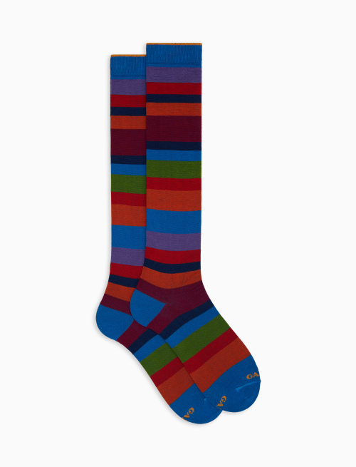 Women's long blue cotton socks with seven-colour stripe pattern - Multicolor | Gallo 1927 - Official Online Shop