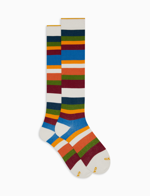 Women's long white cotton socks with seven-colour stripe pattern - Woman | Gallo 1927 - Official Online Shop