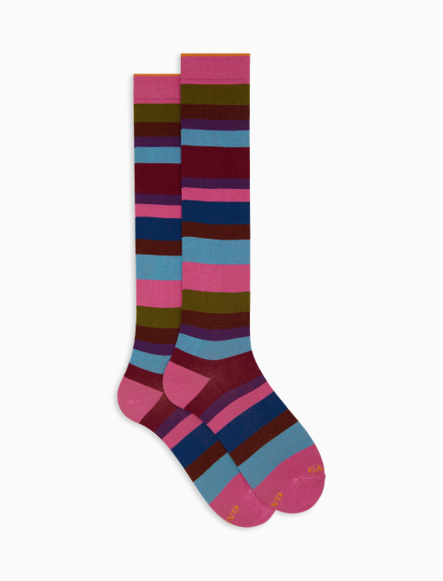 Women's long pink cotton socks with seven-colour stripe pattern - Multicolor | Gallo 1927 - Official Online Shop