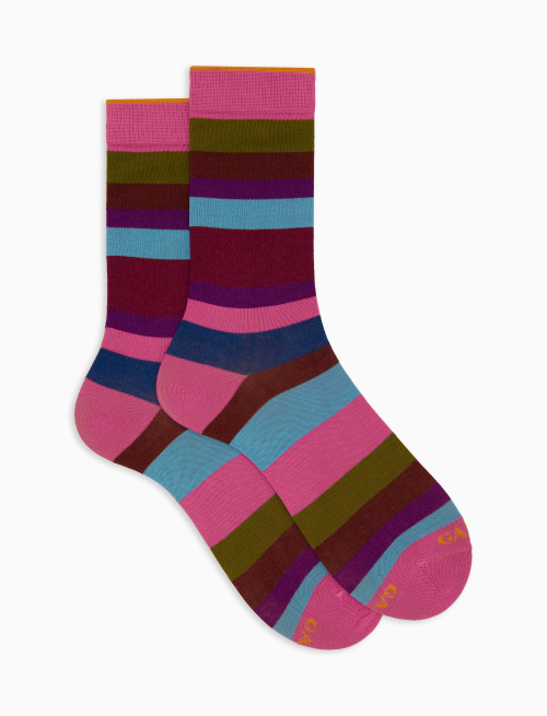Women's short pink cotton socks with seven-colour stripe pattern - Multicolor | Gallo 1927 - Official Online Shop