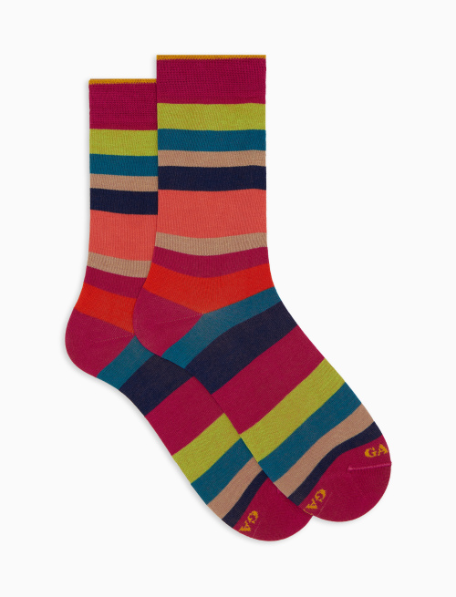 Women's short fuchsia cotton socks with seven-colour stripe pattern - Woman | Gallo 1927 - Official Online Shop