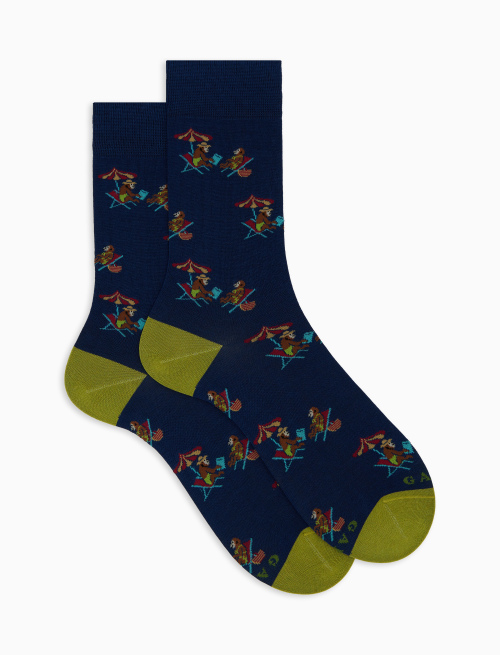Men's short blue cotton socks with beach monkey motif - The SS Edition | Gallo 1927 - Official Online Shop
