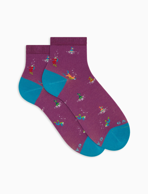 Women's super short purple cotton socks with diving motif - Super short | Gallo 1927 - Official Online Shop