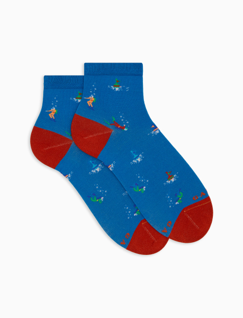 Women's super short light blue cotton socks with diving motif - Super short | Gallo 1927 - Official Online Shop