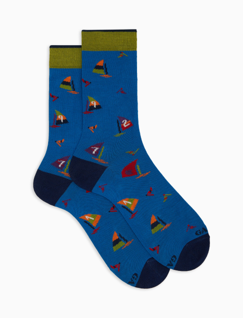 Men's short light blue cotton socks with windsurfing motif - Short | Gallo 1927 - Official Online Shop