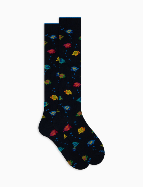 Men's long blue cotton socks with striped-fish motif - Long | Gallo 1927 - Official Online Shop