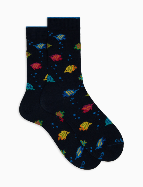 Men's short blue cotton socks with striped-fish motif - Short | Gallo 1927 - Official Online Shop