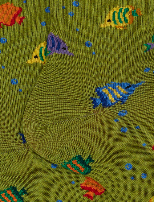 Men's short green cotton socks with striped-fish motif - Socks | Gallo 1927 - Official Online Shop