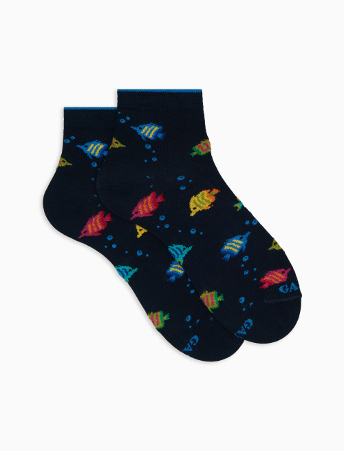 Women's super short blue cotton socks with striped-fish motif - Super short | Gallo 1927 - Official Online Shop