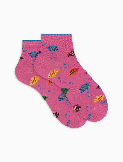 Women's super short pink cotton socks with striped-fish motif - Super short | Gallo 1927 - Official Online Shop