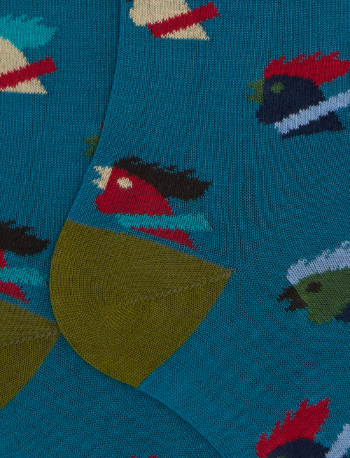 Men's long light blue cotton socks with multicoloured rooster motif - The SS Edition | Gallo 1927 - Official Online Shop