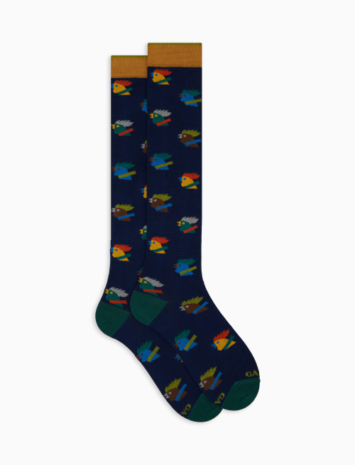 Men's long blue cotton socks with multicoloured rooster motif - The SS Edition | Gallo 1927 - Official Online Shop