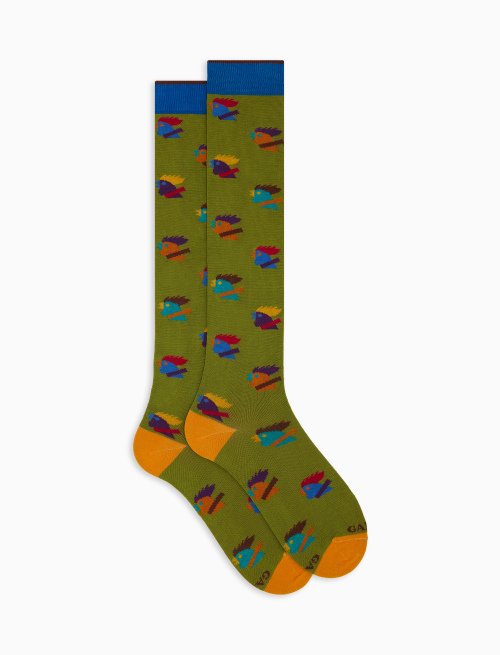 Men's long green cotton socks with multicoloured rooster motif - The SS Edition | Gallo 1927 - Official Online Shop