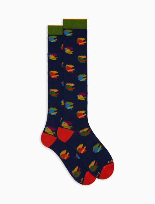 Men's long blue cotton socks with multicoloured rooster motif - Man | Gallo 1927 - Official Online Shop