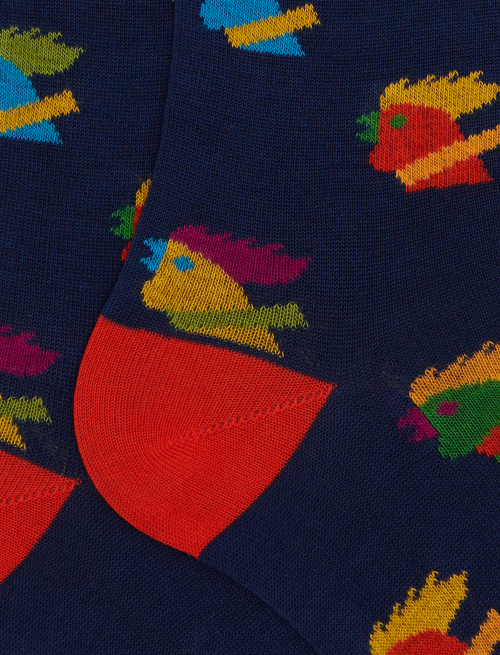 Men's long blue cotton socks with multicoloured rooster motif - Man | Gallo 1927 - Official Online Shop