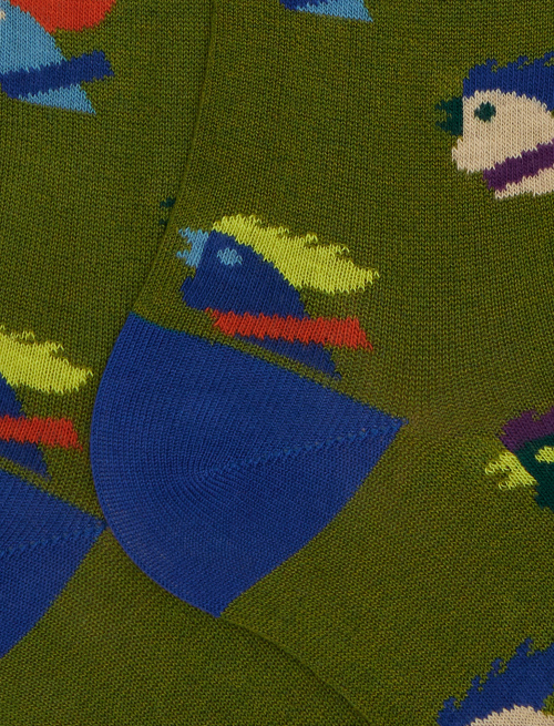 Men's long green cotton socks with multicoloured rooster motif - Man | Gallo 1927 - Official Online Shop