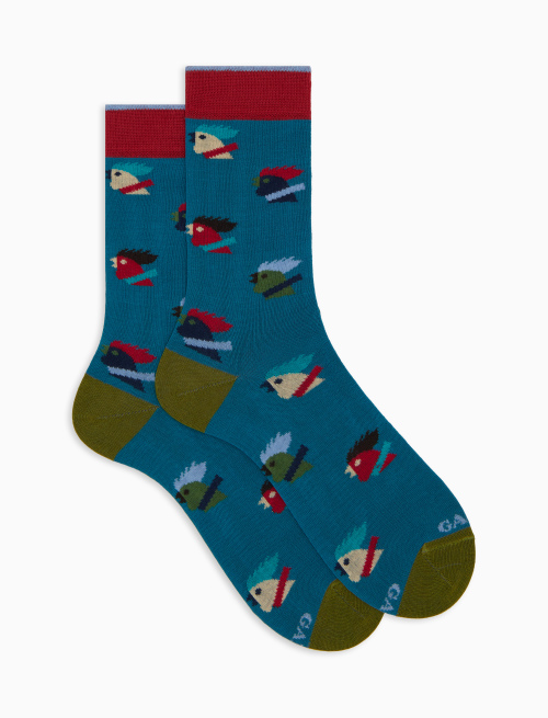 Men's short light blue cotton socks with multicoloured rooster motif - Man | Gallo 1927 - Official Online Shop