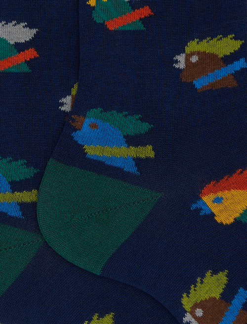 Men's short blue cotton socks with multicoloured rooster motif - Socks | Gallo 1927 - Official Online Shop