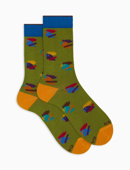 Men's short green cotton socks with multicoloured rooster motif - Short | Gallo 1927 - Official Online Shop