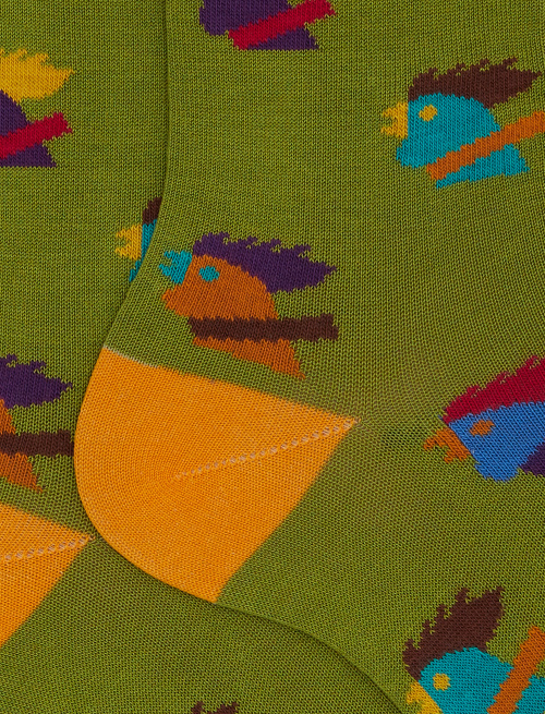 Men's short green cotton socks with multicoloured rooster motif - Socks | Gallo 1927 - Official Online Shop