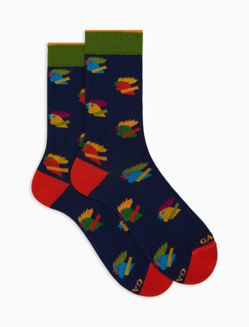 Men's short blue cotton socks with multicoloured rooster motif - Man | Gallo 1927 - Official Online Shop