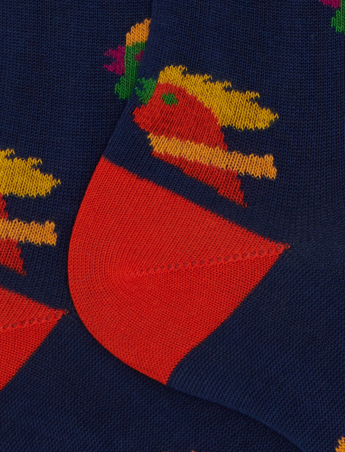 Men's short blue cotton socks with multicoloured rooster motif - Man | Gallo 1927 - Official Online Shop