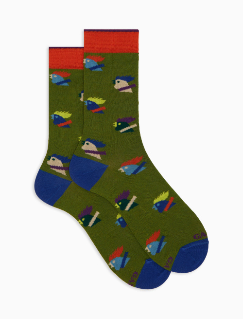 Men's short green cotton socks with multicoloured rooster motif - Man | Gallo 1927 - Official Online Shop