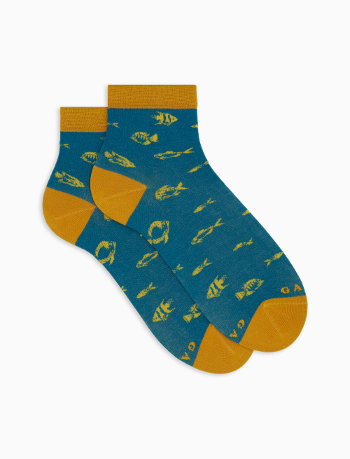 Women's super short light blue cotton socks with fish motif - Super short | Gallo 1927 - Official Online Shop