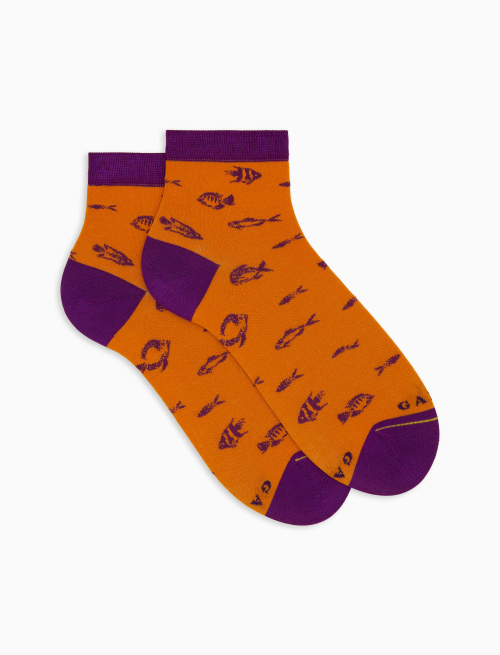 Women's super short orange cotton socks with fish motif - Super short | Gallo 1927 - Official Online Shop