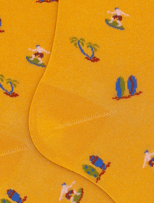 Men's short yellow cotton socks with surfing motif - Man | Gallo 1927 - Official Online Shop