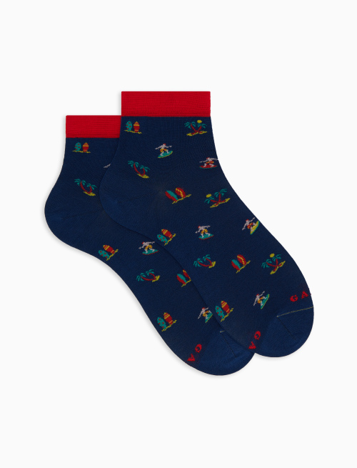Women's super short blue cotton socks with surfing motif - Super short | Gallo 1927 - Official Online Shop