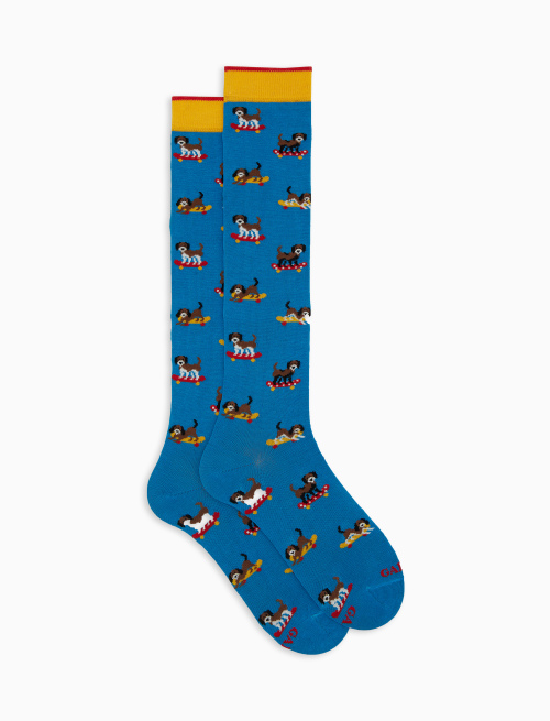 Men's long light blue cotton socks with dog motif - Man | Gallo 1927 - Official Online Shop