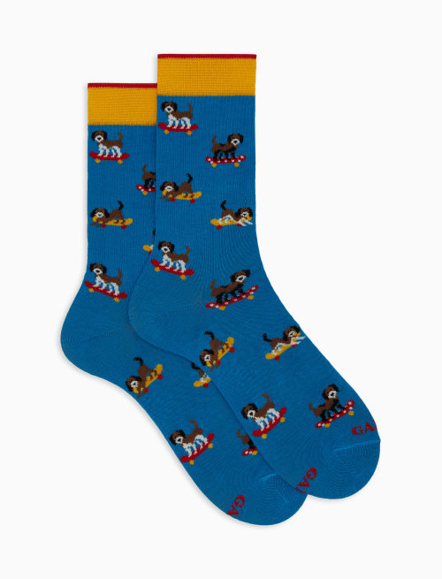 Men's short light blue cotton socks with dog motif - Man | Gallo 1927 - Official Online Shop