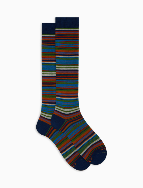 Men's long blue cotton socks with 7-colour pinstripe pattern - Man | Gallo 1927 - Official Online Shop