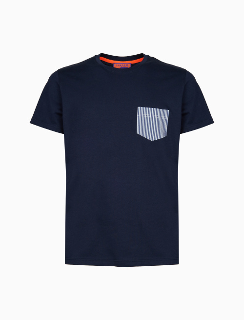 Men's plain blue cotton crew-neck T-shirt with seersucker breast pocket - T-Shirts | Gallo 1927 - Official Online Shop