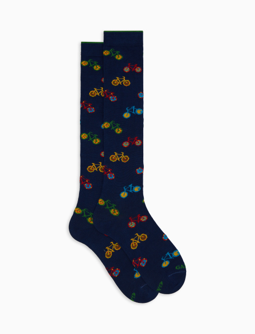 Men's long blue cotton socks with bicycle motif - Socks | Gallo 1927 - Official Online Shop