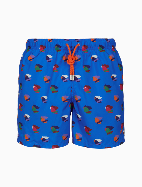 Men's light blue swimming shorts with multicoloured rooster motif - Beachwear | Gallo 1927 - Official Online Shop