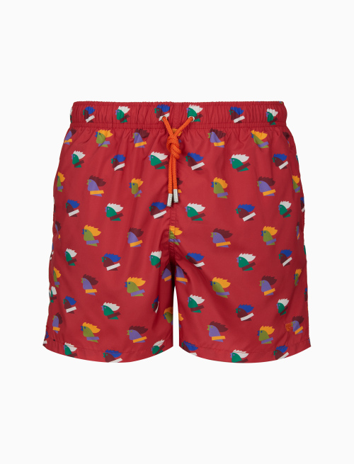 Men's red swimming shorts with multicoloured rooster motif - Beachwear | Gallo 1927 - Official Online Shop