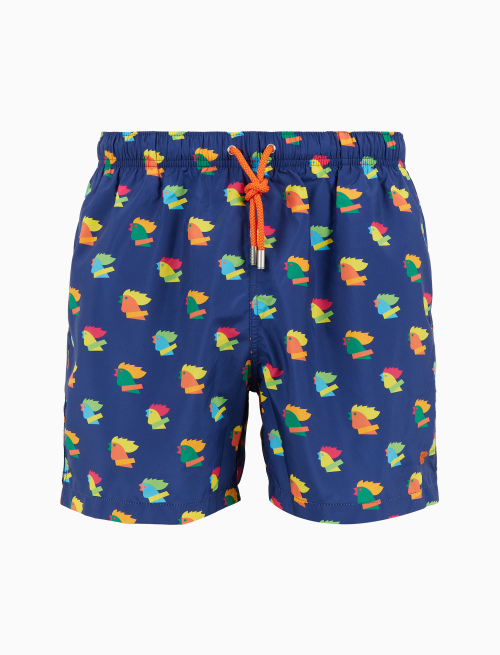 Men's blue swimming shorts with multicoloured rooster motif - Man | Gallo 1927 - Official Online Shop