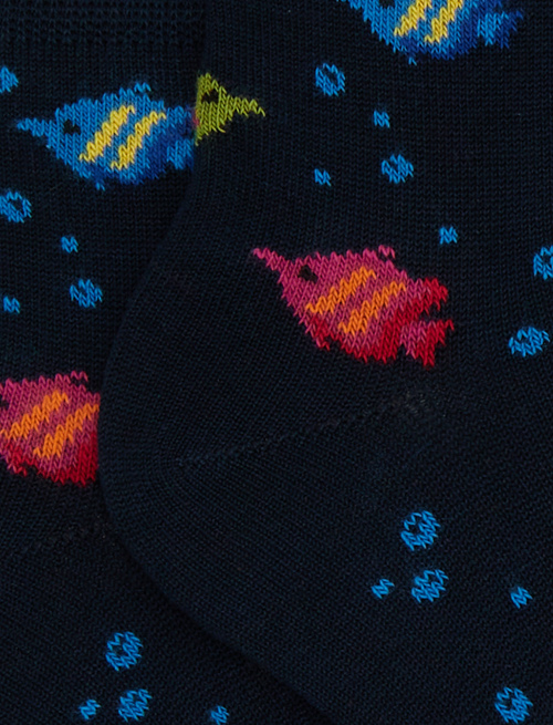Kids' super short blue cotton socks with striped-fish motif - Socks | Gallo 1927 - Official Online Shop
