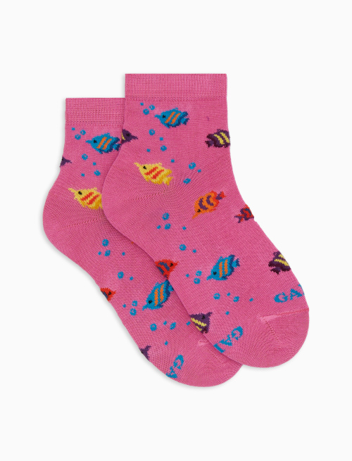 Kids' super short pink cotton socks with striped-fish motif - Super short | Gallo 1927 - Official Online Shop