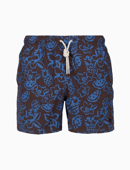 Men's brown swimming shorts with pineapples, watermelon and flower motif - Beachwear | Gallo 1927 - Official Online Shop