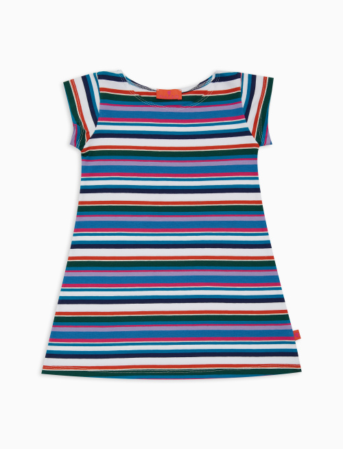 Girls' white A-line cotton dress with multicoloured striped sleeves - Clothing | Gallo 1927 - Official Online Shop