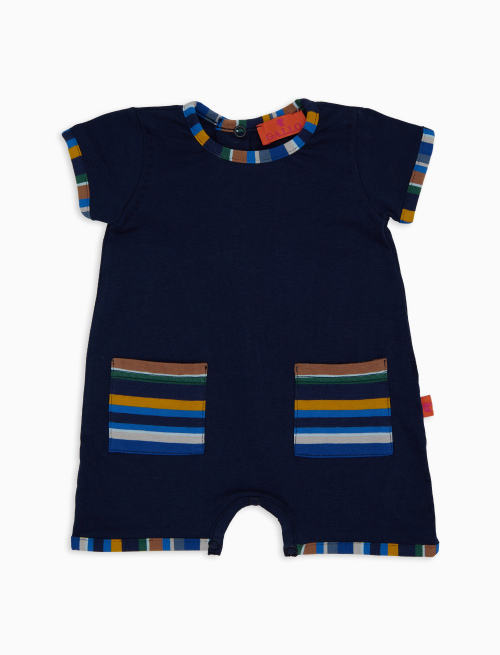 Kids' plain blue cotton romper with multicoloured striped pockets - Multicolor | Gallo 1927 - Official Online Shop