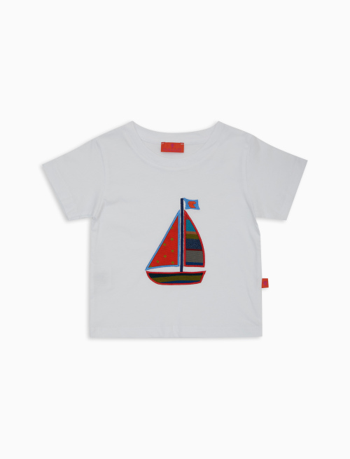 Kids' plain white cotton T-shirt with sailboat embroidery - Boys Clothing | Gallo 1927 - Official Online Shop