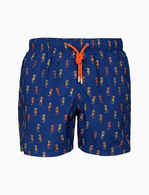 Men's blue swimming shorts with sea horse pattern - Beachwear | Gallo 1927 - Official Online Shop