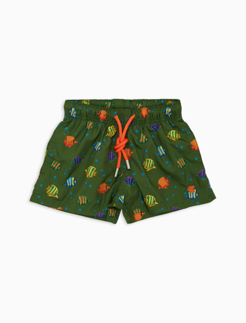 Kids' green swimming shorts with striped fish motif - Beachwear | Gallo 1927 - Official Online Shop