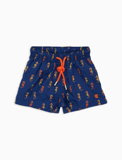 Kids' blue swimming shorts with sea horse pattern - Beachwear | Gallo 1927 - Official Online Shop