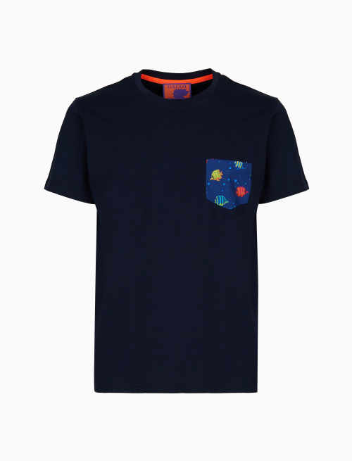 T-shirt girocollo uomo cotone tinta unita con taschino fantasia pesci a righe blu - T-Shirts | Gallo 1927 - Official Online Shop