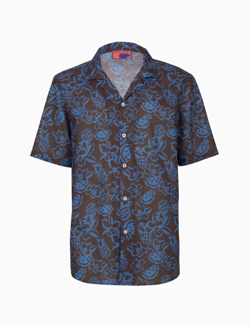 Men's brown cotton Hawaiian shirt with flower, pineapple and watermelon motif - Shirts | Gallo 1927 - Official Online Shop